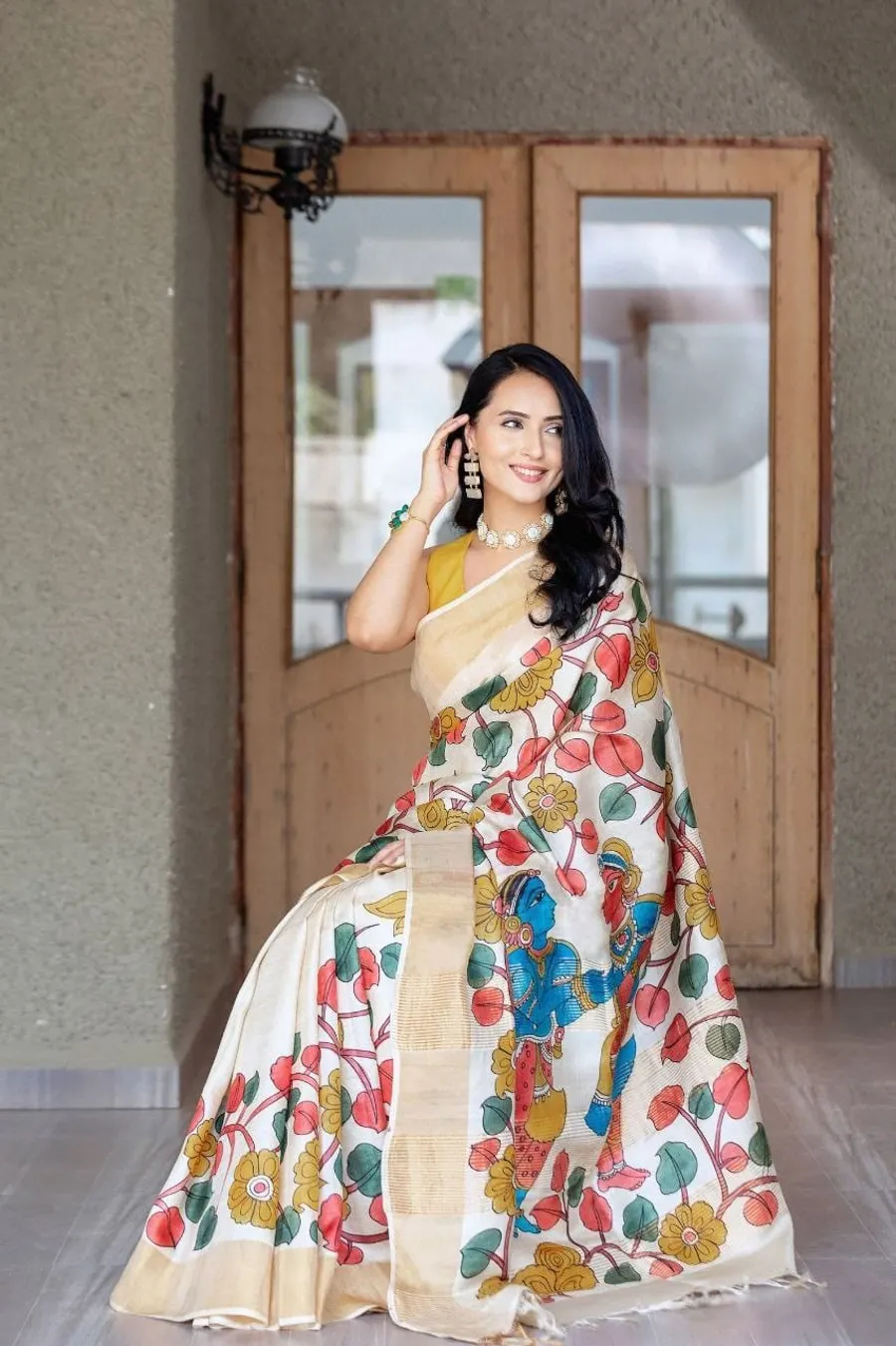 Dream Flare Kalamkari Tussar Silk Saree Timeless Elegance Meets Artistic Tradition Saree